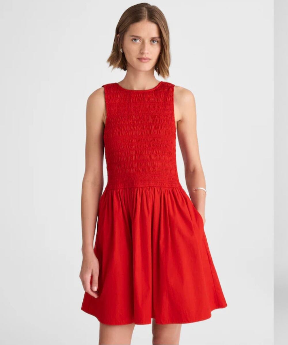 Madewell Scoopback Smocked Mini Dress Red NWT Small Cotton Poplin Pockets NY732